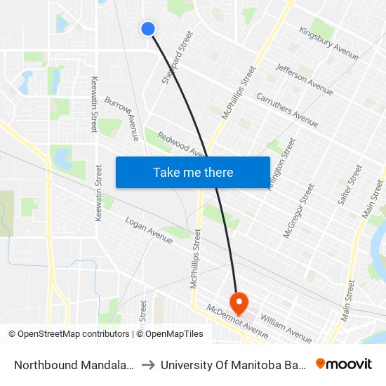 Northbound Mandalay at Mapleton to University Of Manitoba Bannatyne Campus map