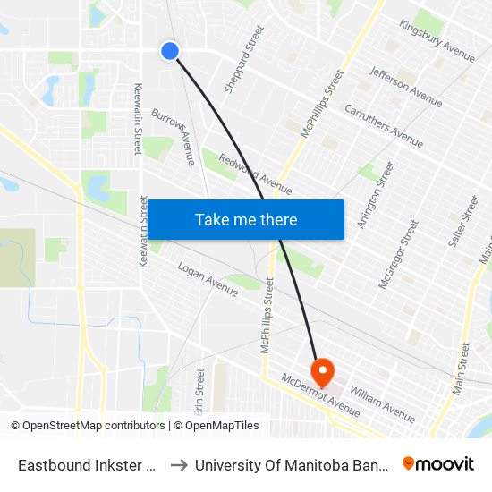 Eastbound Inkster at Plymouth to University Of Manitoba Bannatyne Campus map
