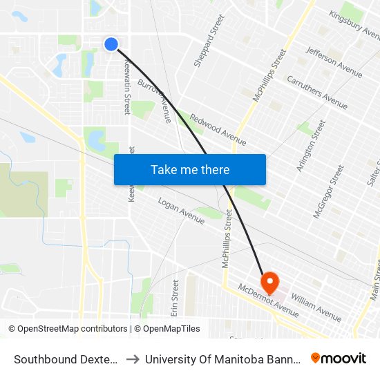 Southbound Dexter at Kinver to University Of Manitoba Bannatyne Campus map