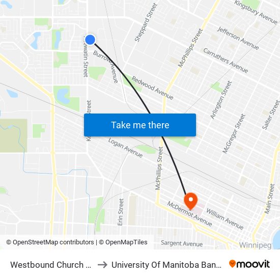 Westbound Church at Keewatin to University Of Manitoba Bannatyne Campus map