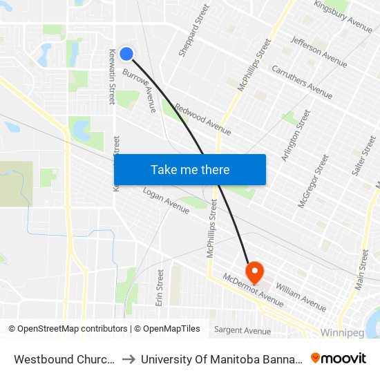 Westbound Church at Muir to University Of Manitoba Bannatyne Campus map