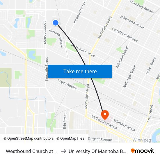 Westbound Church at Plymouth West to University Of Manitoba Bannatyne Campus map