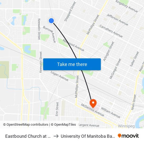 Eastbound Church at Plymouth East to University Of Manitoba Bannatyne Campus map