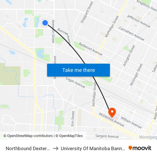 Northbound Dexter at Brophy to University Of Manitoba Bannatyne Campus map