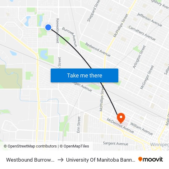 Westbound Burrows at Dexter to University Of Manitoba Bannatyne Campus map