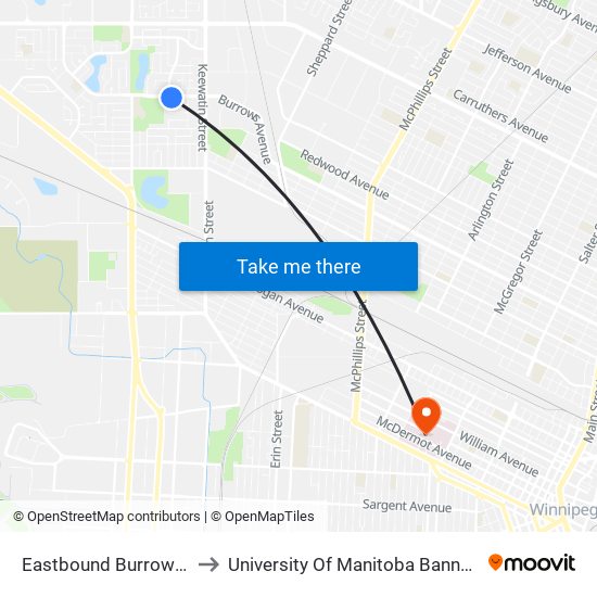 Eastbound Burrows at Avery to University Of Manitoba Bannatyne Campus map