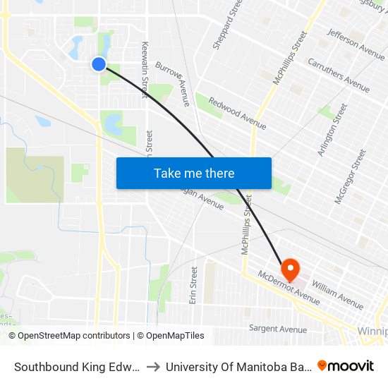 Southbound King Edward at Burrows to University Of Manitoba Bannatyne Campus map