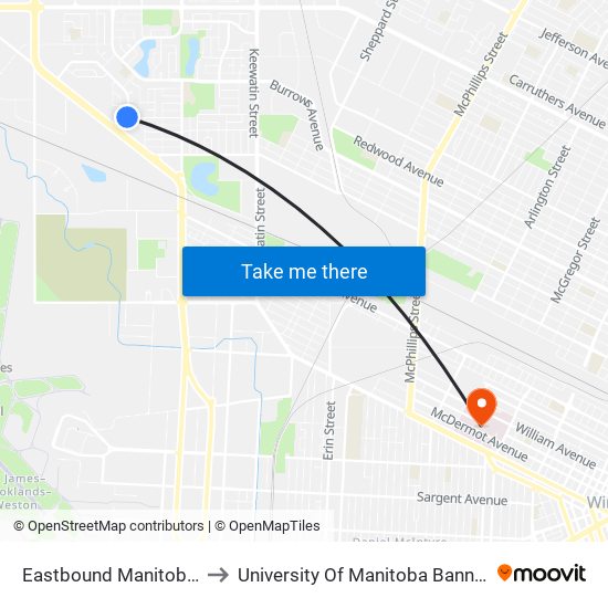 Eastbound Manitoba at Egesz to University Of Manitoba Bannatyne Campus map