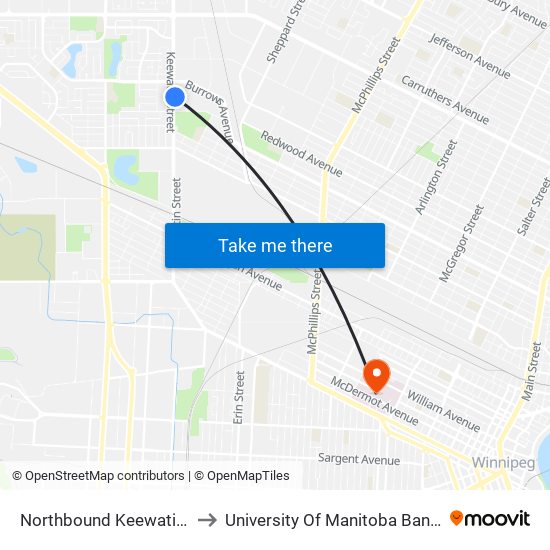 Northbound Keewatin at Burrows to University Of Manitoba Bannatyne Campus map