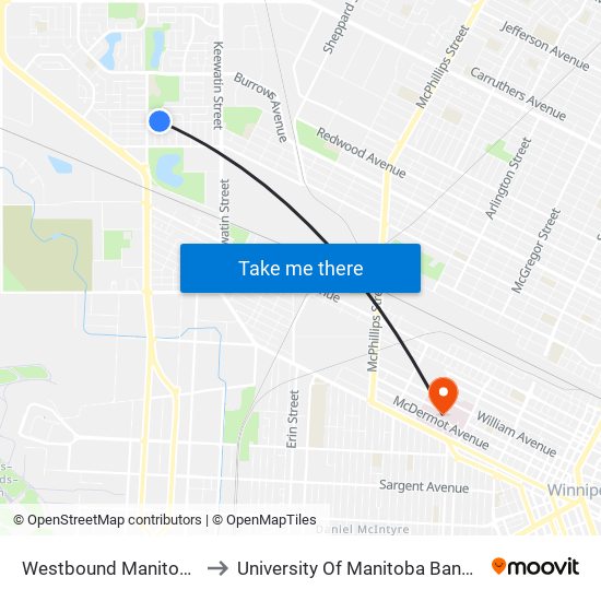 Westbound Manitoba at Huber to University Of Manitoba Bannatyne Campus map