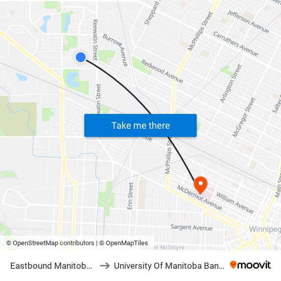 Eastbound Manitoba at Ellington to University Of Manitoba Bannatyne Campus map