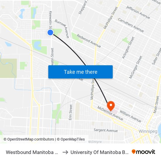 Westbound Manitoba at Keewatin West to University Of Manitoba Bannatyne Campus map