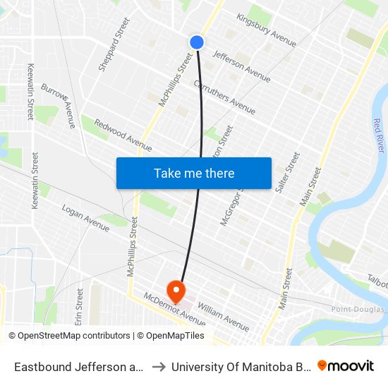 Eastbound Jefferson at Mcphillips West to University Of Manitoba Bannatyne Campus map