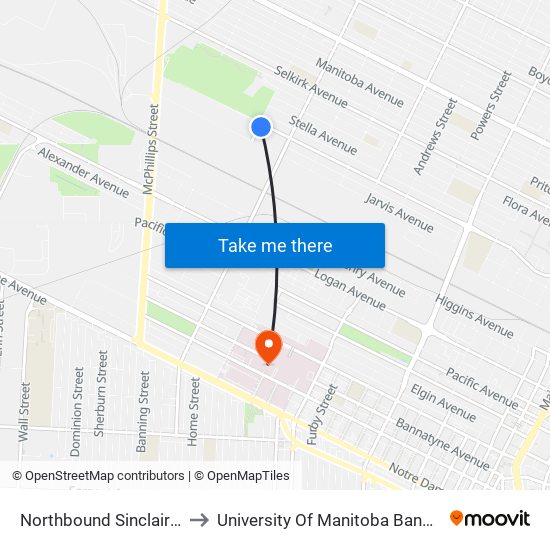 Northbound Sinclair at Dufferin to University Of Manitoba Bannatyne Campus map