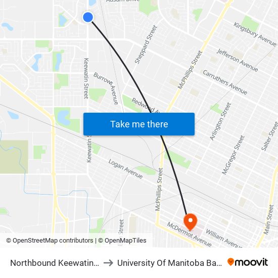 Northbound Keewatin at Paramount to University Of Manitoba Bannatyne Campus map