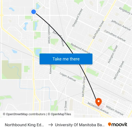 Northbound King Edward at Garton to University Of Manitoba Bannatyne Campus map