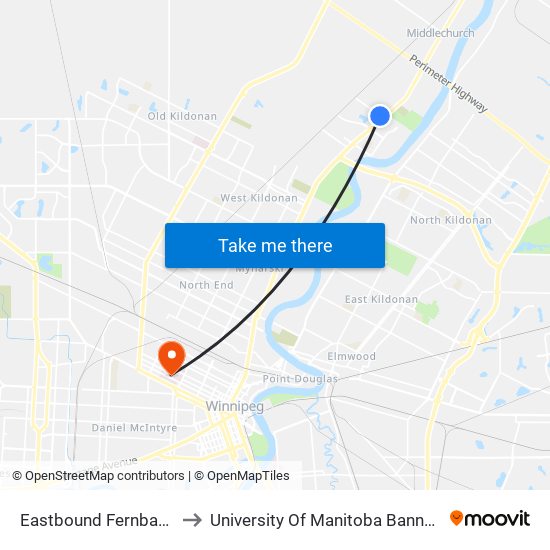 Eastbound Fernbank at Main to University Of Manitoba Bannatyne Campus map