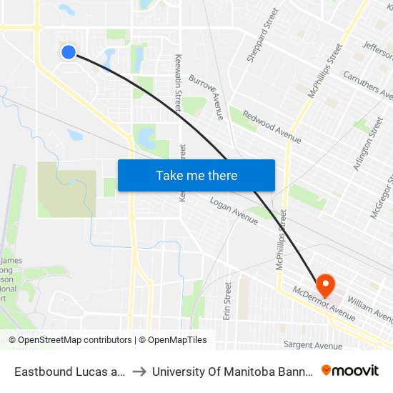 Eastbound Lucas at Birchlynn to University Of Manitoba Bannatyne Campus map