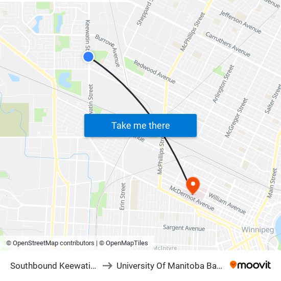 Southbound Keewatin at Manitoba to University Of Manitoba Bannatyne Campus map