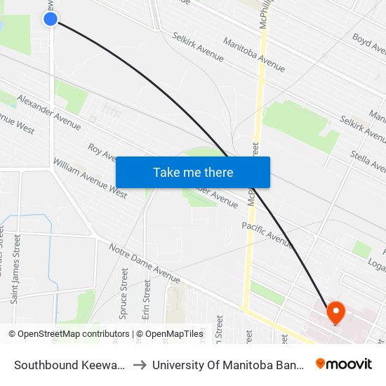 Southbound Keewatin at Hekla to University Of Manitoba Bannatyne Campus map