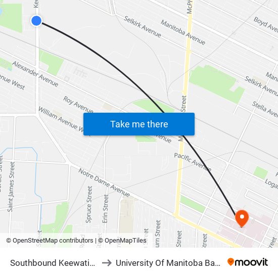 Southbound Keewatin at Park Lane to University Of Manitoba Bannatyne Campus map