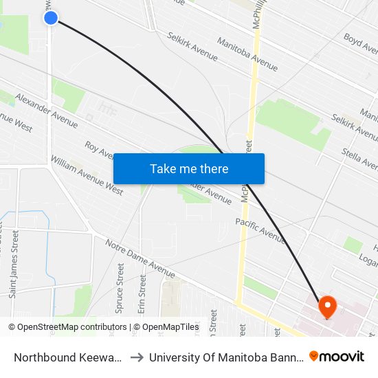 Northbound Keewatin at Hekla to University Of Manitoba Bannatyne Campus map