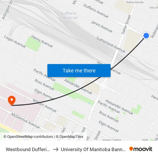 Westbound Dufferin at Aikins to University Of Manitoba Bannatyne Campus map