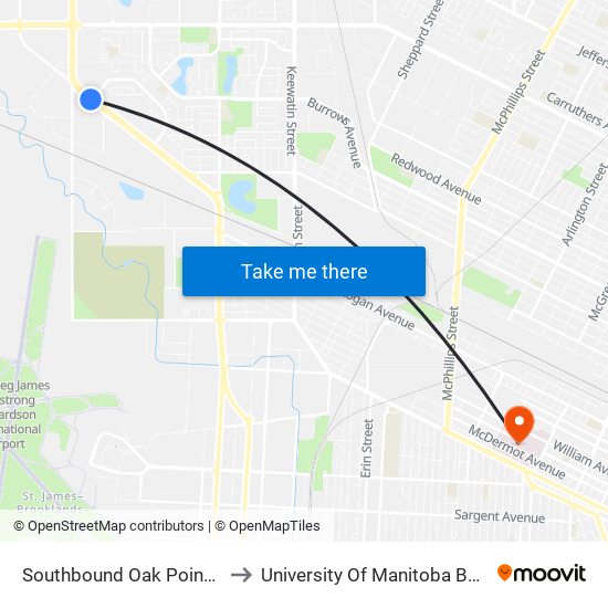 Southbound Oak Point at Egesz West to University Of Manitoba Bannatyne Campus map