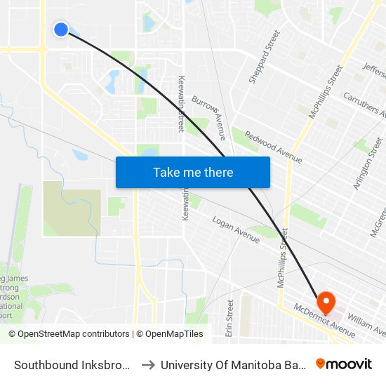 Southbound Inksbrook at Meridian to University Of Manitoba Bannatyne Campus map