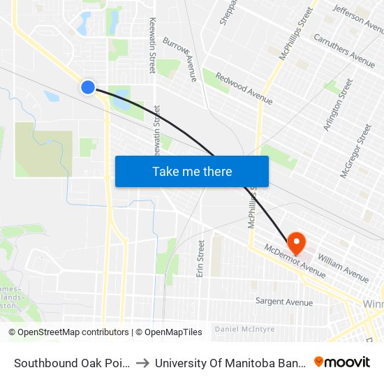 Southbound Oak Point at Selkirk to University Of Manitoba Bannatyne Campus map