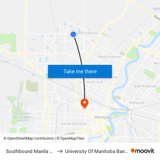 Southbound Manila at Cartwright to University Of Manitoba Bannatyne Campus map