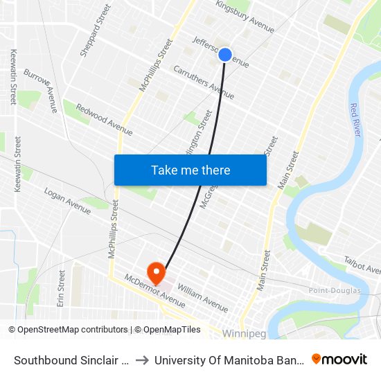 Southbound Sinclair at Jefferson to University Of Manitoba Bannatyne Campus map