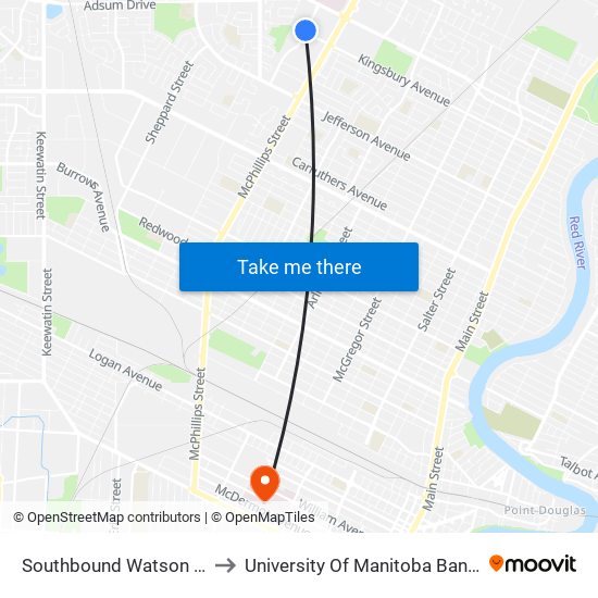 Southbound Watson at Kingsbury to University Of Manitoba Bannatyne Campus map