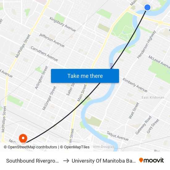 Southbound Rivergrove at Grifindale to University Of Manitoba Bannatyne Campus map