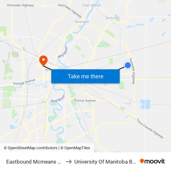 Eastbound Mcmeans at Heatherbloom to University Of Manitoba Bannatyne Campus map