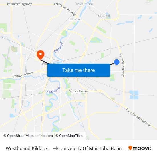 Westbound Kildare at Gables to University Of Manitoba Bannatyne Campus map