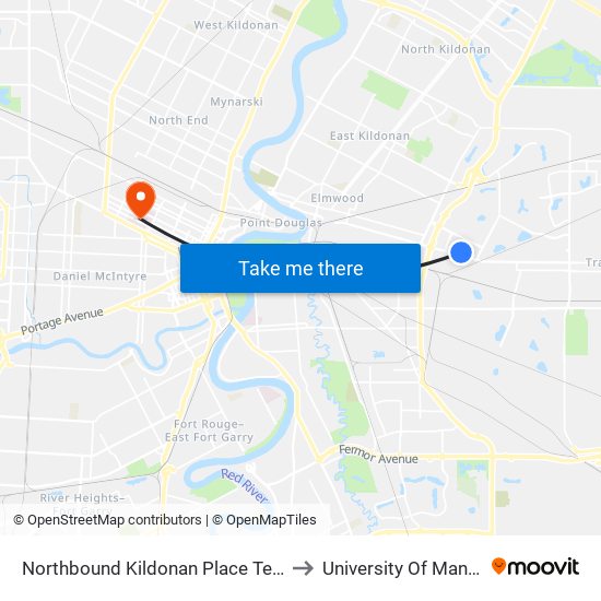 Northbound Kildonan Place Terminal at Kildonan Place (47, 86, 87, 92) to University Of Manitoba Bannatyne Campus map