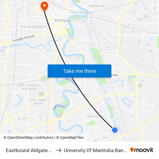 Eastbound Aldgate at St. Anne's to University Of Manitoba Bannatyne Campus map