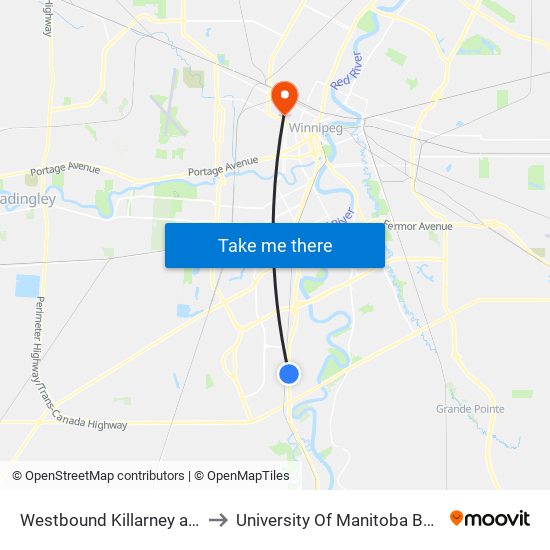 Westbound Killarney at Pembina East to University Of Manitoba Bannatyne Campus map
