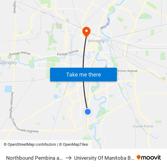 Northbound Pembina at Dalhousie North to University Of Manitoba Bannatyne Campus map