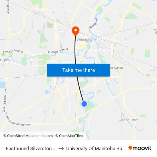 Eastbound Silverstone at Townsend to University Of Manitoba Bannatyne Campus map