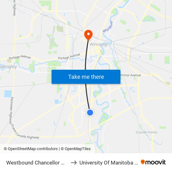 Westbound Chancellor Matheson at Pembina to University Of Manitoba Bannatyne Campus map