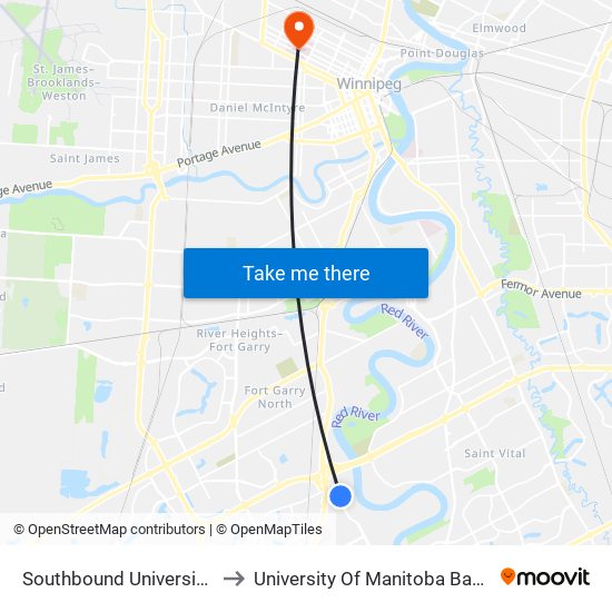 Southbound University at Thatcher to University Of Manitoba Bannatyne Campus map