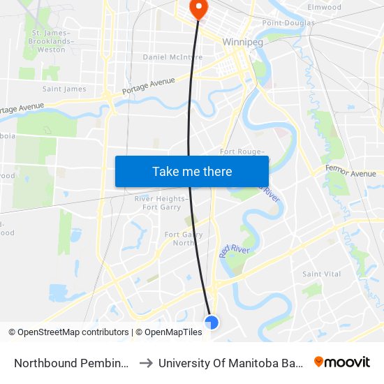 Northbound Pembina at Markham to University Of Manitoba Bannatyne Campus map