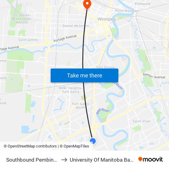 Southbound Pembina at Markham to University Of Manitoba Bannatyne Campus map