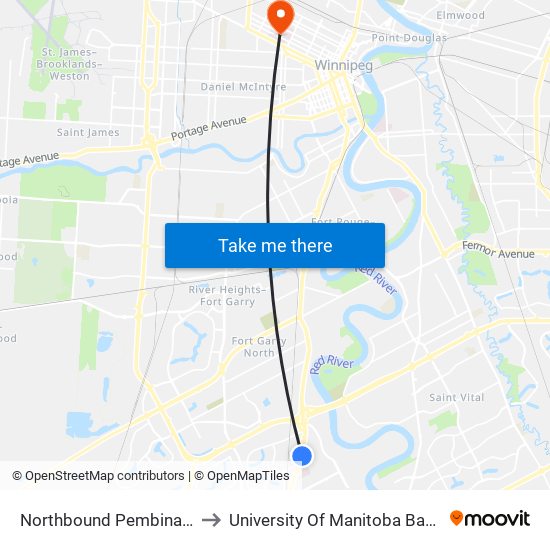 Northbound Pembina at Southpark to University Of Manitoba Bannatyne Campus map