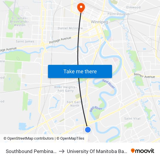 Southbound Pembina at Chancellor to University Of Manitoba Bannatyne Campus map