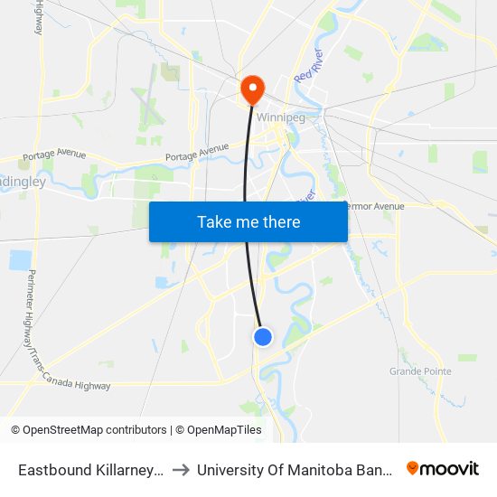 Eastbound Killarney at Caledon to University Of Manitoba Bannatyne Campus map