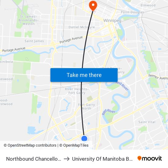 Northbound Chancellor at Lake Albrin to University Of Manitoba Bannatyne Campus map