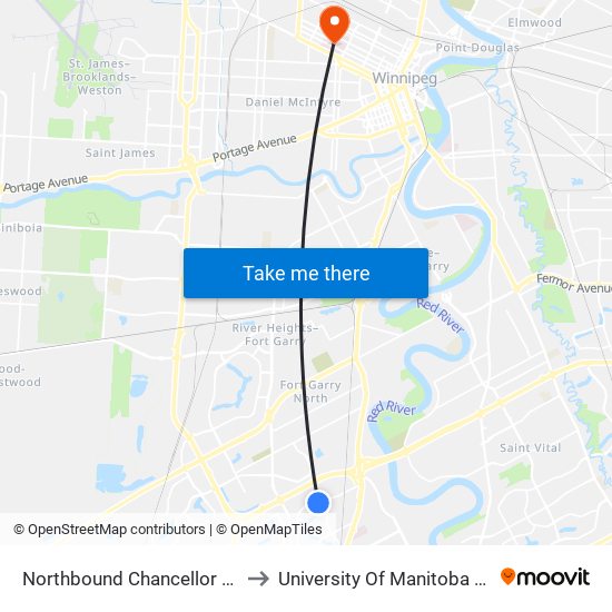 Northbound Chancellor at Lake Grove West to University Of Manitoba Bannatyne Campus map